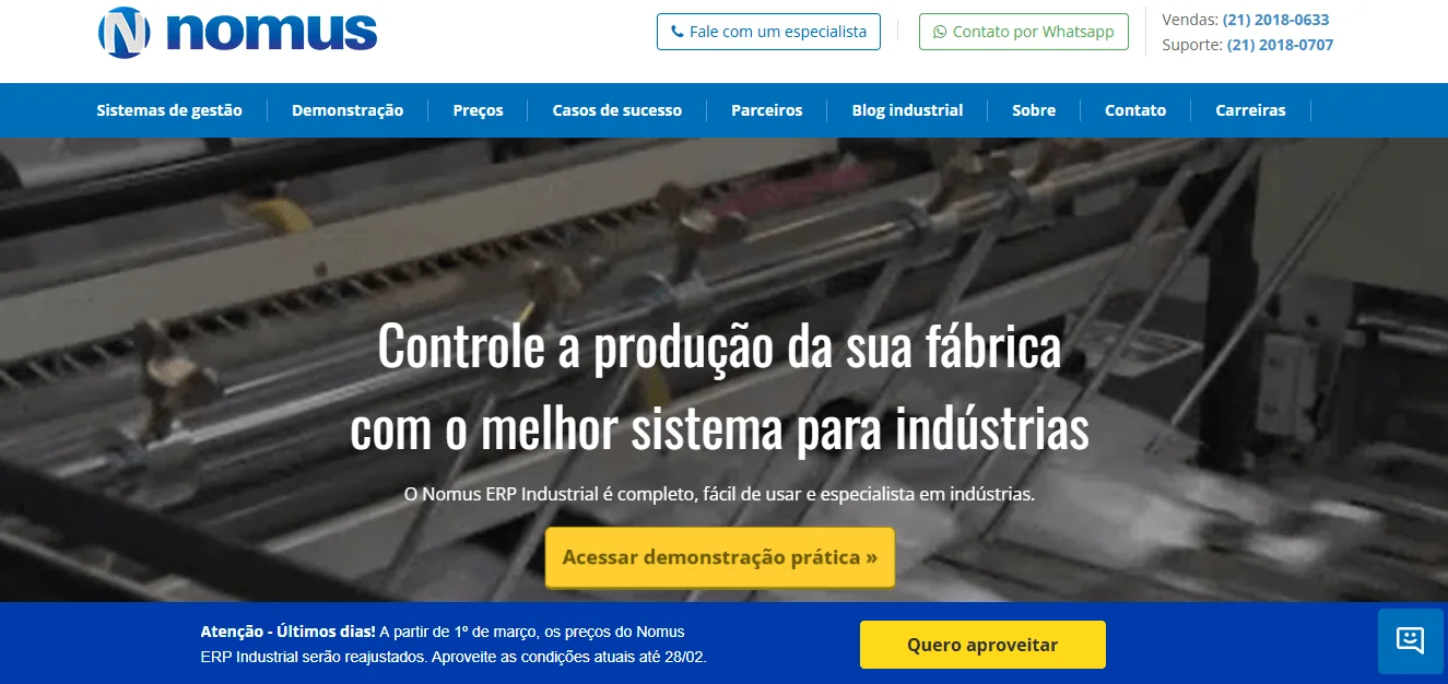 Tela inicial da Nomus ERP