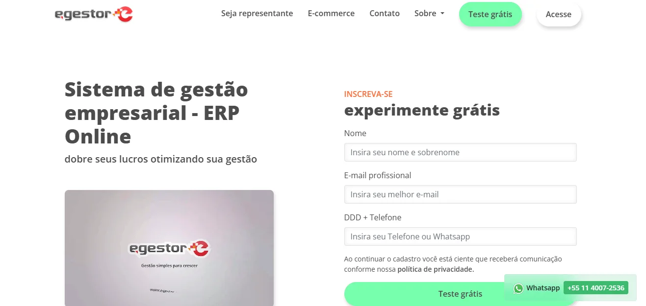 Tela inicial do eGestor ERP
