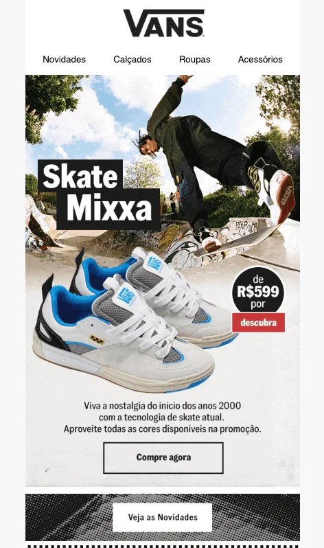 Um print de um e-mail da Vans com valor promocional, imagem de um tênis e homem de skate