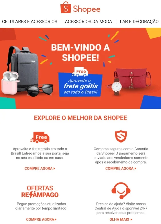 Um print de um e-mail da Shopee desejando boas-vindas com imagens de produtos e informações da empresa