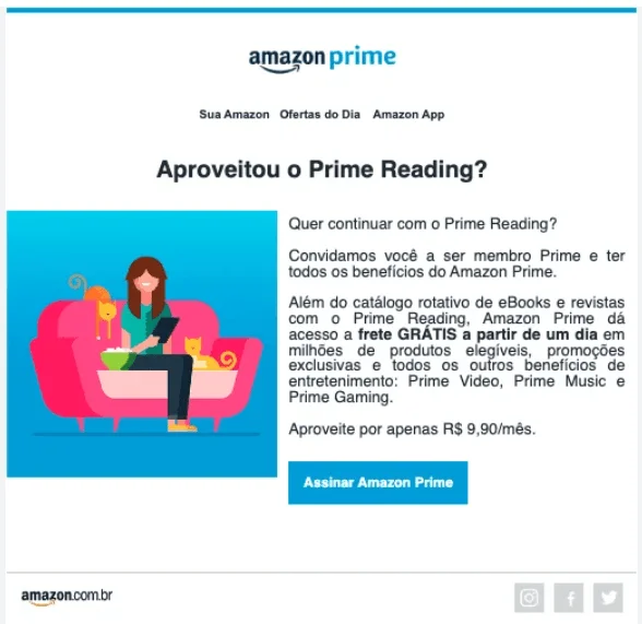 Um print de um e-mail da Amazon Prime com ilustração de uma mulher e texto sobre Prime Reding