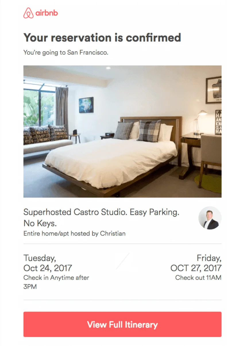 Um print de um e-mail de confirmação de reserva do Airbnb com a foto de uma cama