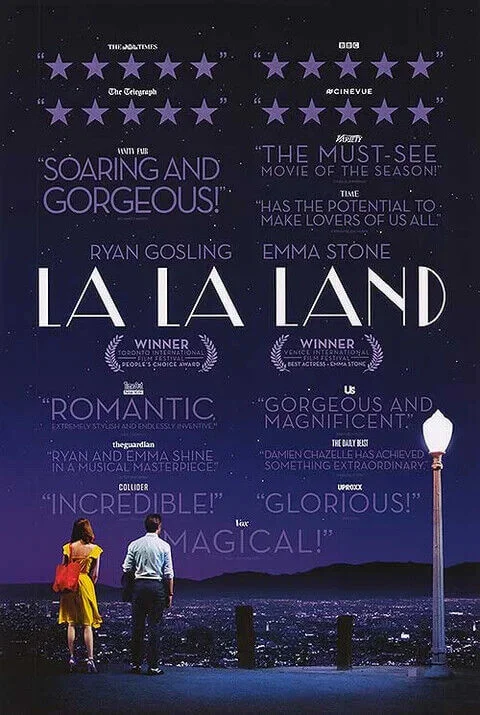 Uma imagem do poster do filme La La Land, com uma gama de avaliações positivas e prêmios vencidos pelo longa-metragem.