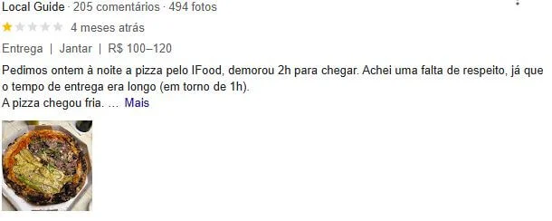 Uma captura de tela mostrando avaliações de um restaurante brasileiro. A imagem mostra uma avaliação de uma estrela de um cliente e os comentários dele acerca do restaurante e da qualidade da comida.