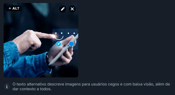 Captura de tela do Bluesky, que automaticamente sugere inserir um texto alternativo quando se insere uma imagem em um post.