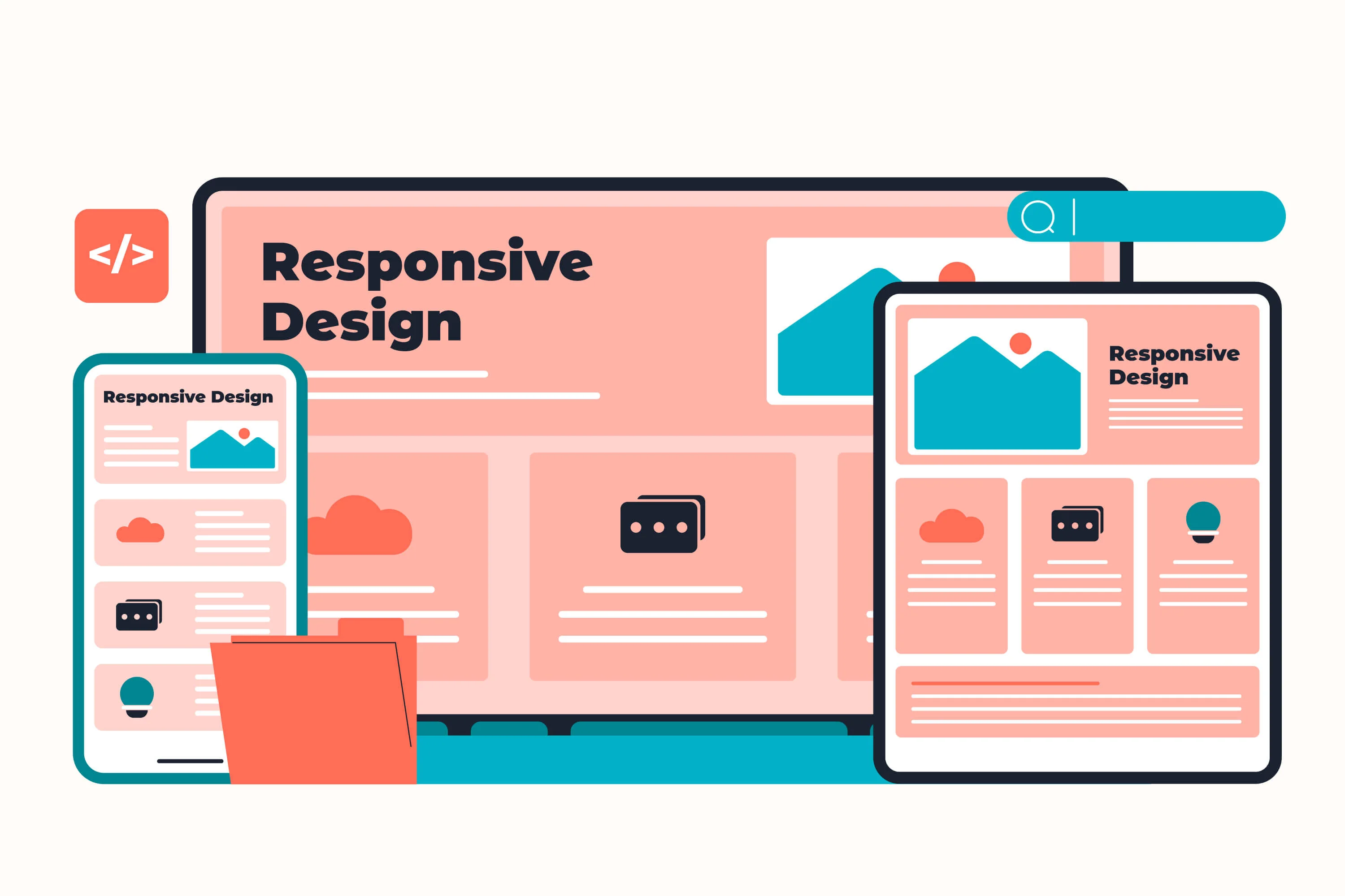 Ilustração que mostra um mesmo site sendo exibido em um monitor widescreen, um tablet e um celular, reforçando a importância do design responsivo.