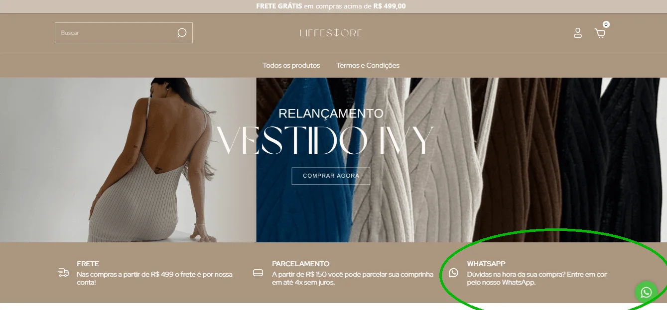 Site da Liffestore com banner que direciona para link do WhatsApp