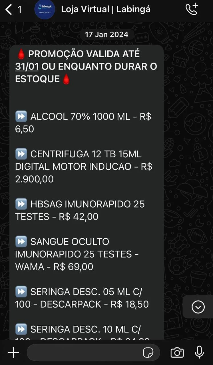 Print de conversa com a loja Labingá, que oferece uma promoção com duração de duas semanas de produtos hospitalares.