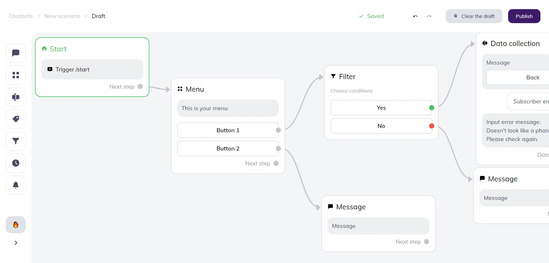 Uma captura de tela mostrando o processo de criação de um chatbot da Selzy, com menus onde o usuário pode configurar as automações e suas formas de acionamento.