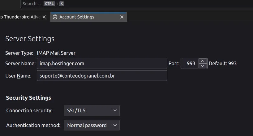 Captura de tela exemplificando uma configuração IMAP