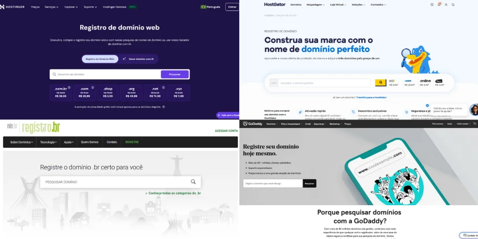 Colagem com a página inicial da Hostinger, HostGator, Registro.br, GoDaddy respectivamente.