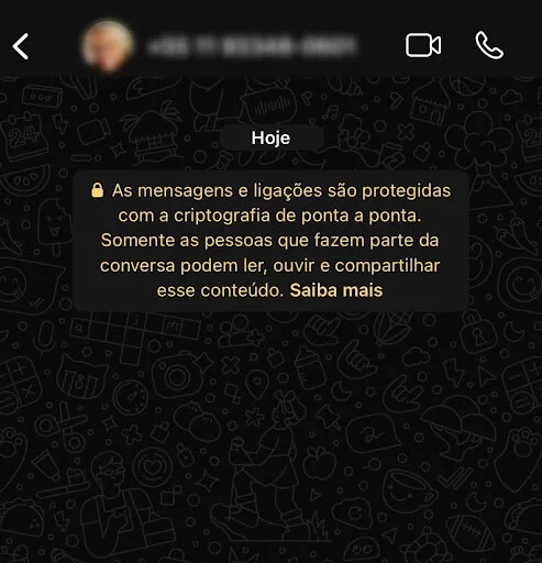 Print de aviso de criptografia de ponta a ponta no WhatsApp