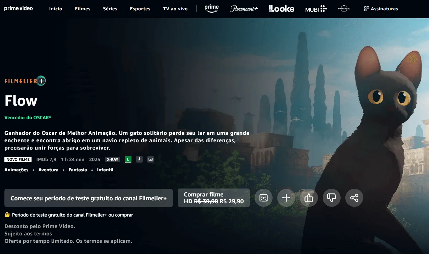 Tela do streaming Prime Video mostrando um filme disponível para compra.