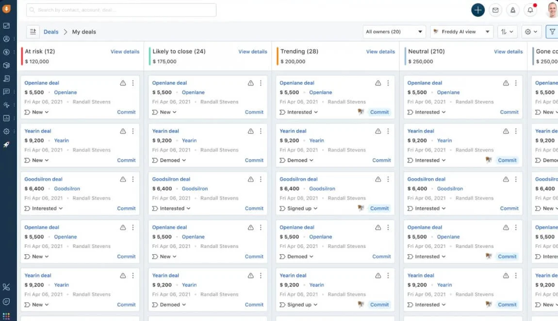 Exemplo de uma das telas de vendas e valores em risco no app Freshsales