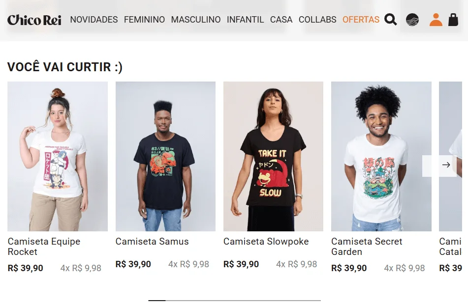 Tela do site da marca Chico Rei mostrando recomendações de produtos que podem interessar ao cliente.