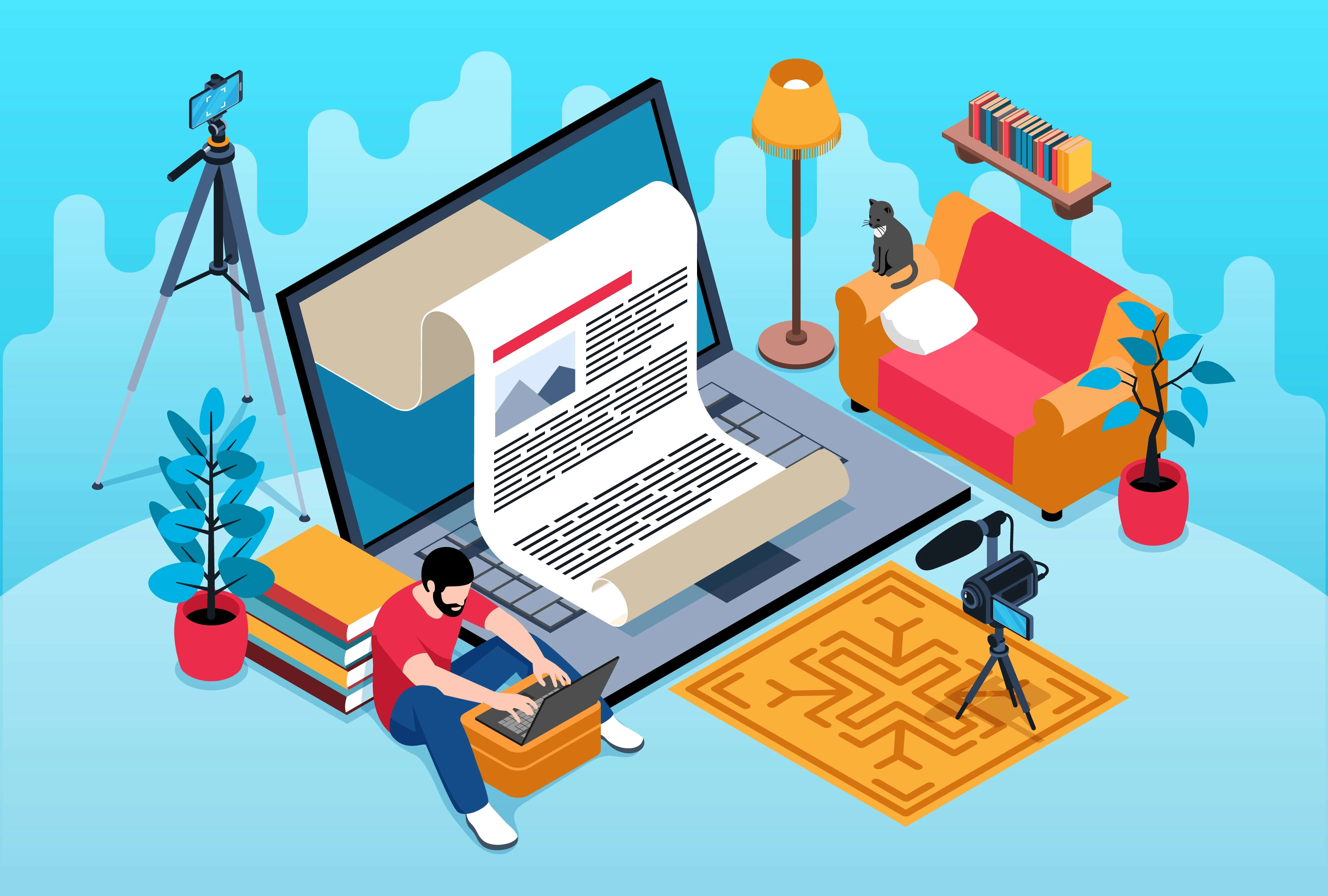Ilustração que mostra um homem em uma sala, digitando em seu laptop. Ao seu redor, plantas, um sofá onde um gato descansa, livros, e ainda uma câmera e um celular em tripés. No centro da imagem, uma reprodução do laptop em escala exagerada, com uma longa folha de conteúdo textual saindo da tela.