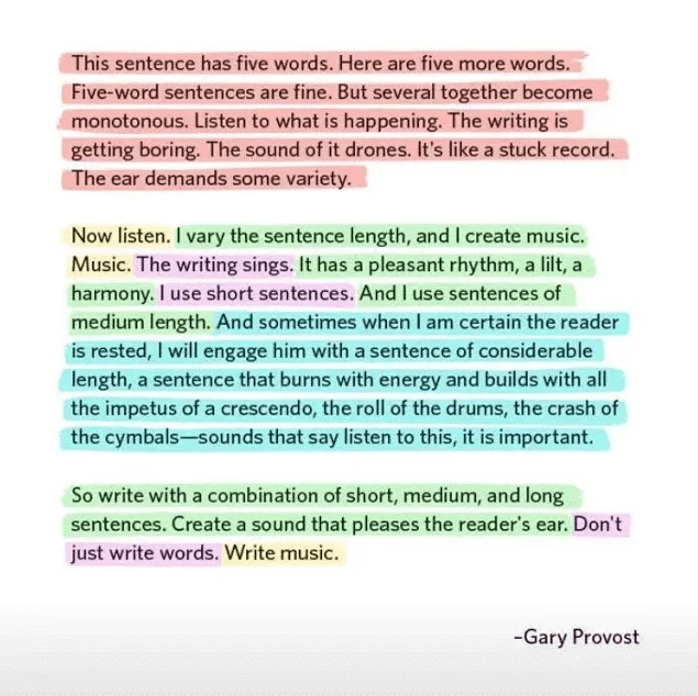 Texto em inglês do autor Gary Provost, destacando a importância de variar o tamanho de frases ao longo de um texto para dar ritmo à leitura. Frases de tamanho similar são destacadas na mesma cor.