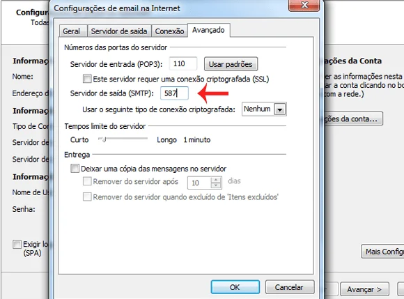Tela de configuração do Microsoft Outlook, indicando o campo “Servidor de saída (SMTP)” na janela “Configurações de email na Internet”.