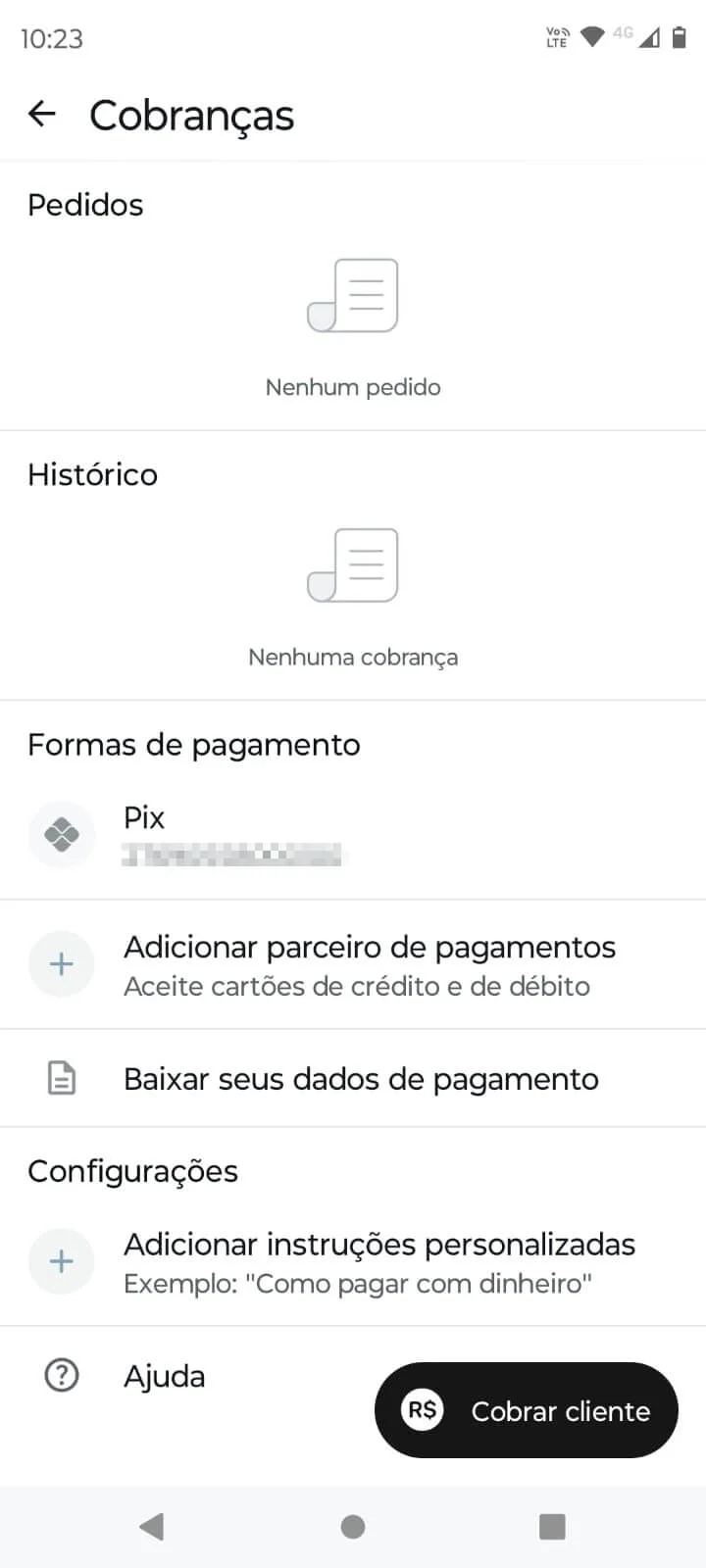 Screenshot da área com o botão “Cobrar cliente”.