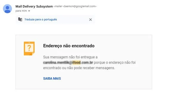 Print do erro do Mail Delivery Subsystem sinalizando que o endereço de e-mail não encontrado