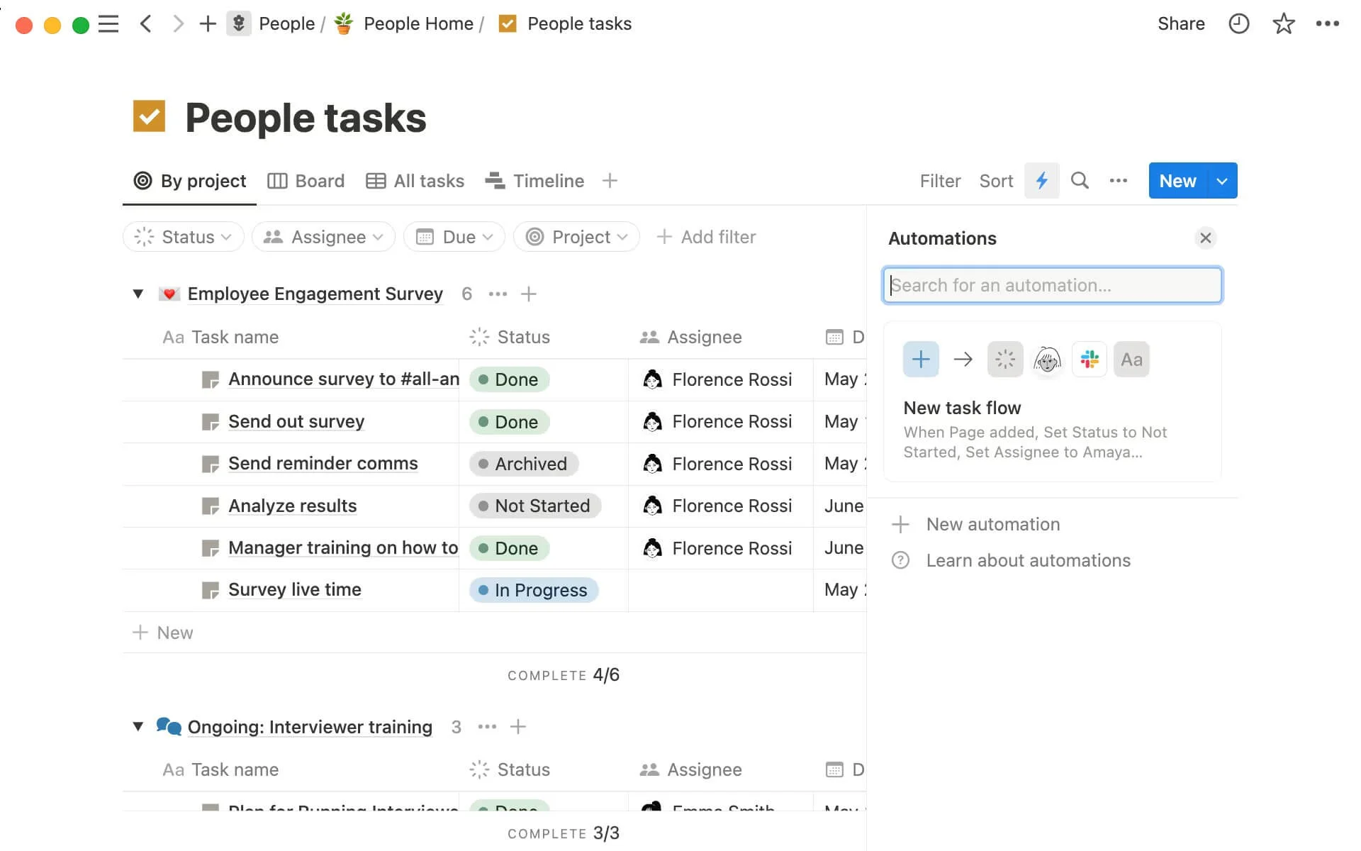 Interface do Notion exibindo lista de tarefas com painel lateral de automação, incluindo fluxo automático para criação e atribuição de tarefas