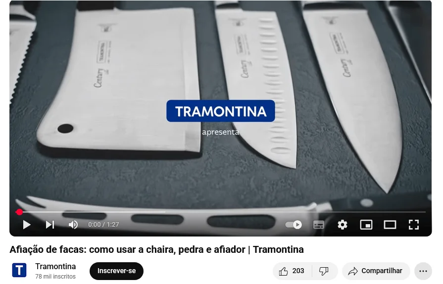 Vídeo da Tramontina: “Afiação de facas: como usar a chaira, pedra e afiador.”