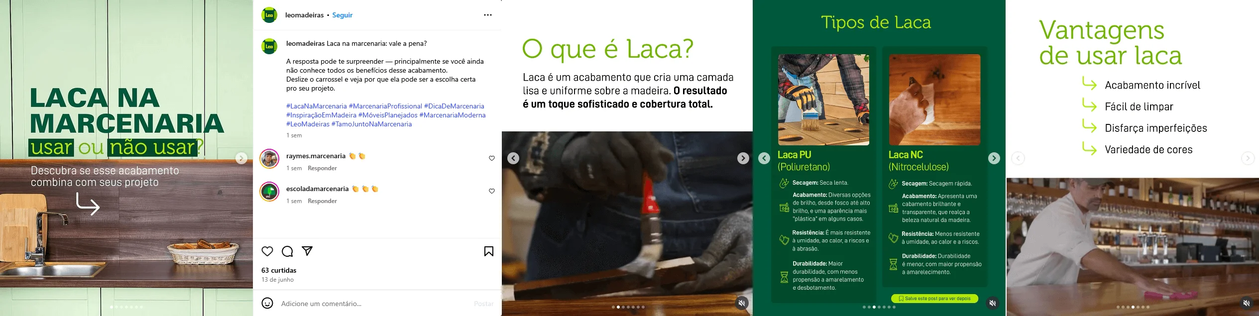 Postagem em redes sociais da Leo Madeiras sobre Laca na marcenaria.