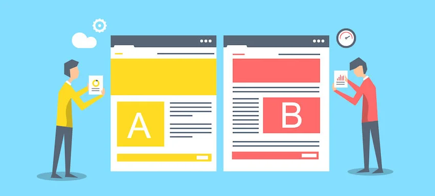 Ilustração mostrando dois modelos de layout de e-mail: um amarelo com a letra A e outro vermelho, com o layout levemente diferente e a letra B.