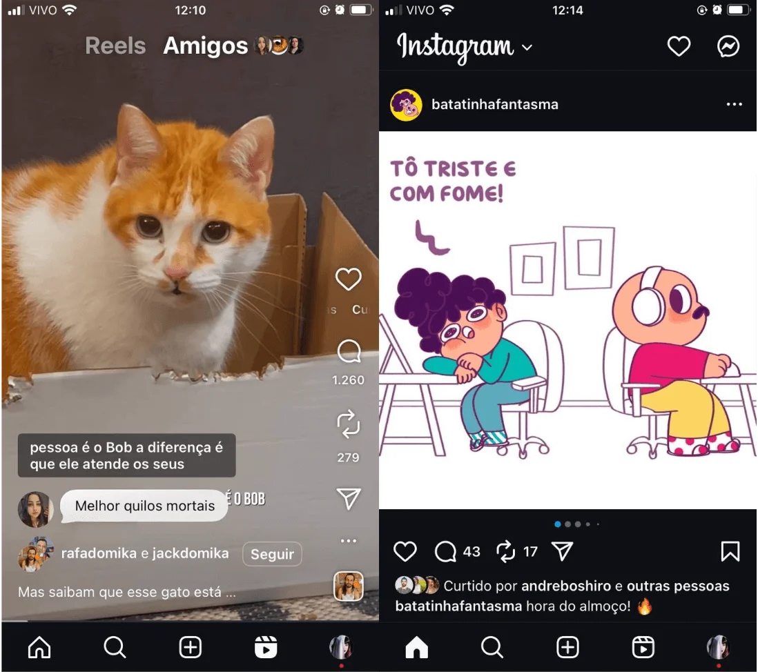 Dois prints do Instagram. À esquerda a área de Reels com o vídeo de um gato laranja dentro de uma caixa de papelão. Dentre os botões de interação, há o de repostagem. À direita o feed regular: aqui o botão de repostar fica entre o ícone de comentários e o de envio.