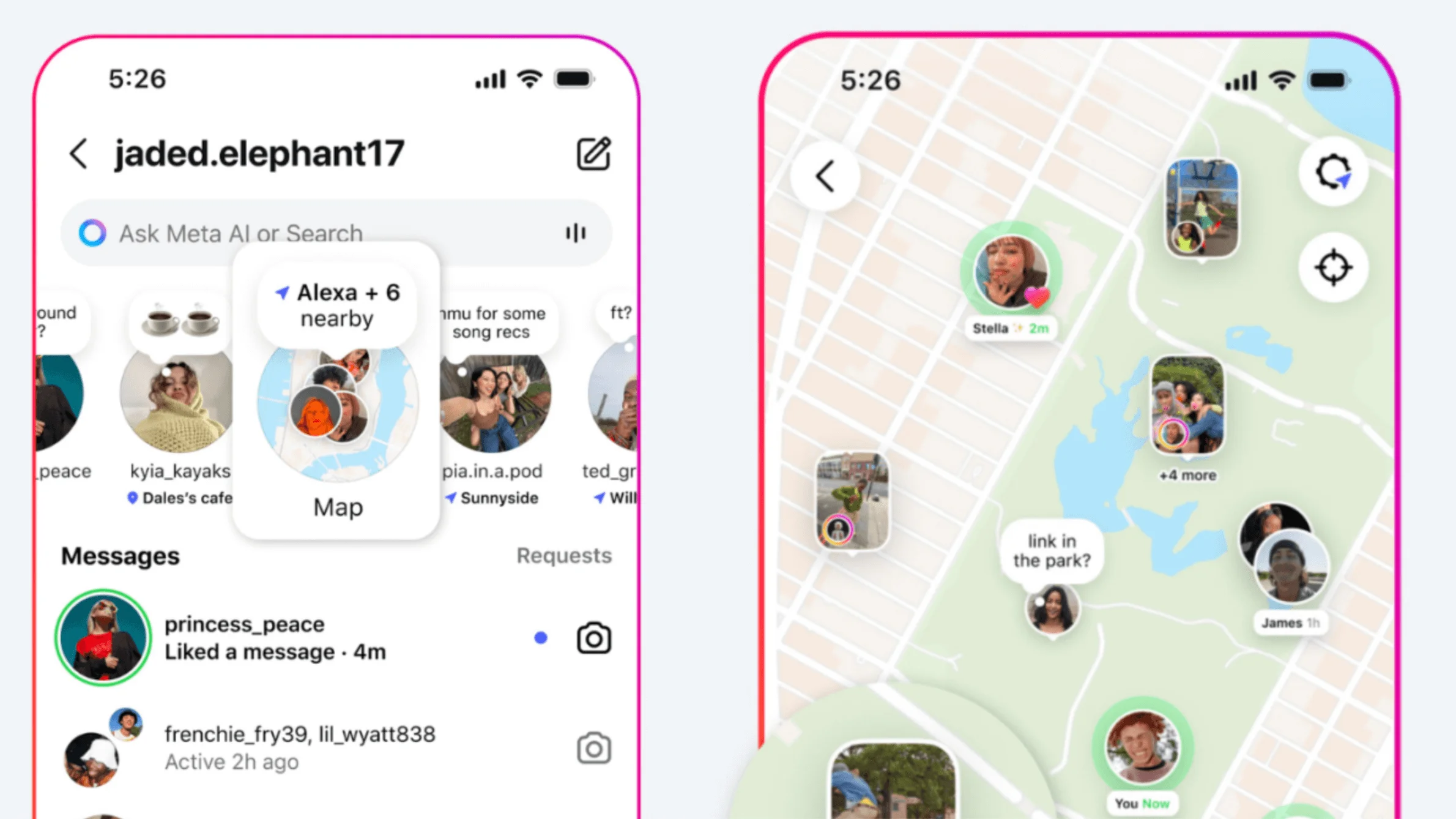 Dois prints do Instagram. A interface do mapa na área de mensagens do Instagram, mostrando quais usuários estão próximos e o mapa aberto, com fotos do perfil posicionadas no local em que o usuário esteve mais recentemente enquanto usava o aplicativo. Também há miniaturas de postagens pelo mapa.