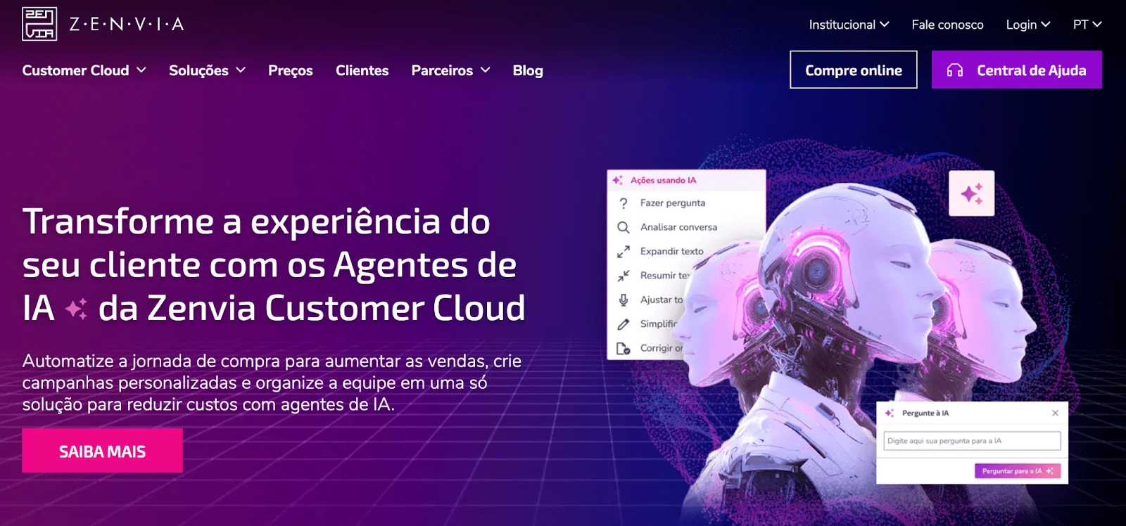 Captura de tela da página de chatbots da Zenvia.