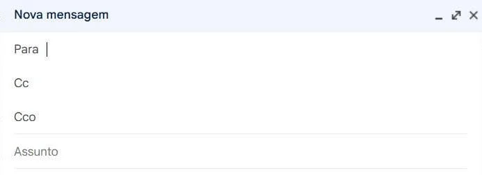 Uma captura de tela mostrando a janela de criação de um novo e-mail, com os campos “Para”, “Cc”, “Cco” e “Assunto”.