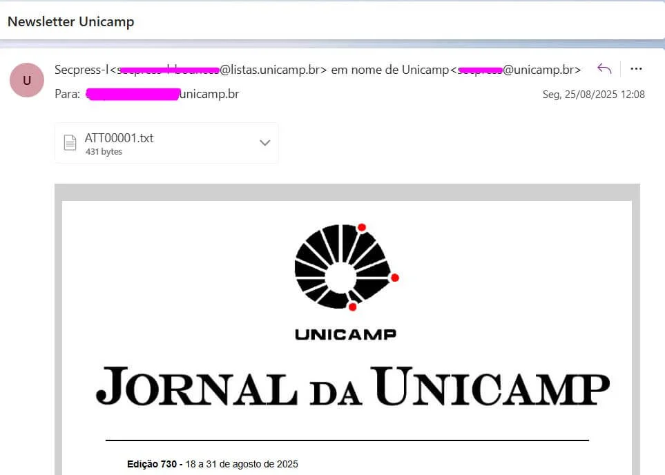 Uma captura de tela mostrando uma newsletter enviada pela universidade Unicamp, em que o nome dos integrantes da lista é preservado.