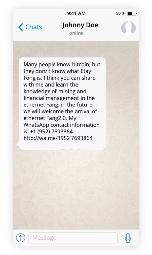 Captura de tentativa de golpe via WhatsApp, com links prometendo lucros em bitcoin.