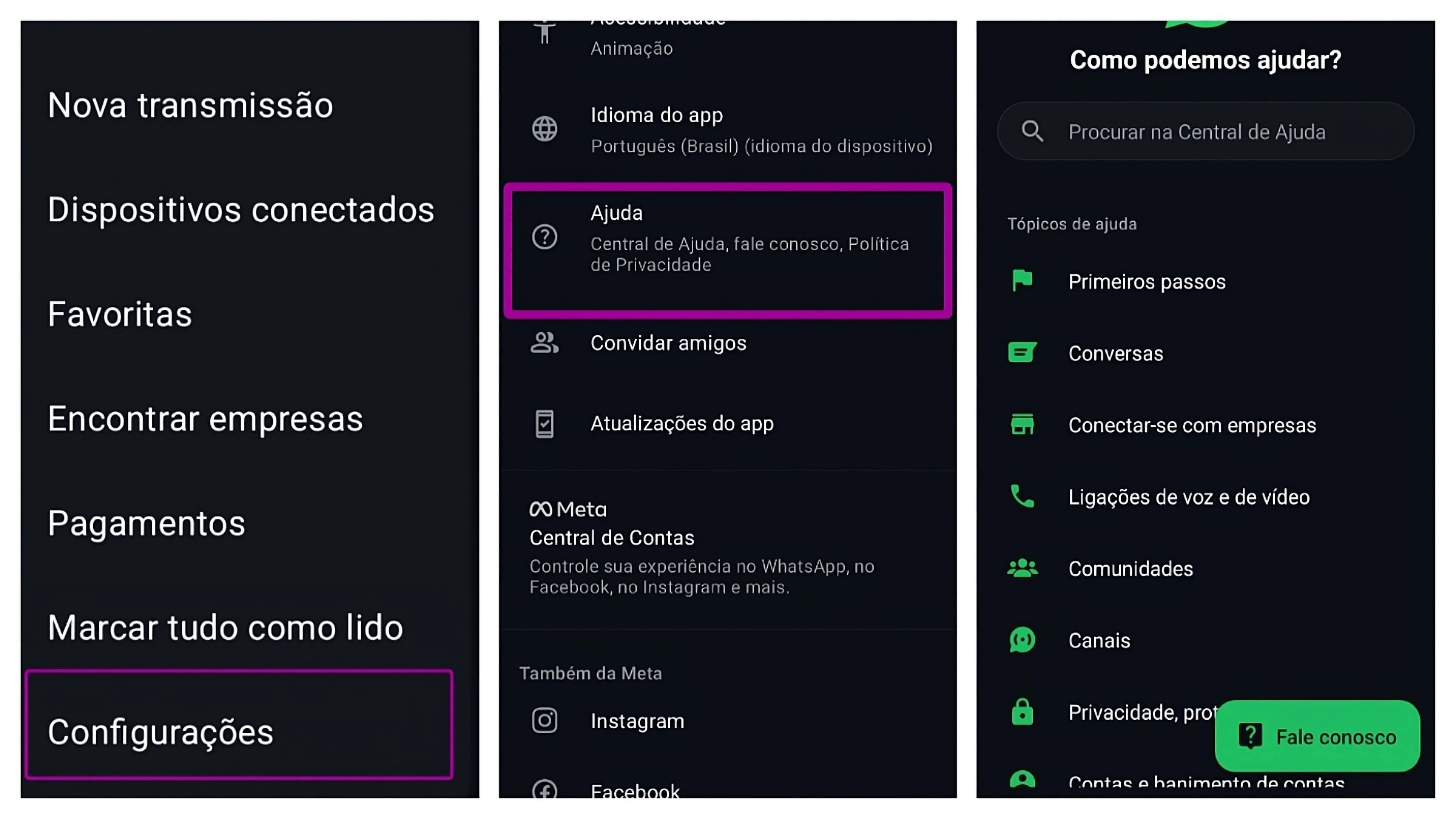 um trio de capturas de imagem mostrando o procedimento para usar o suporte do WhatsApp.