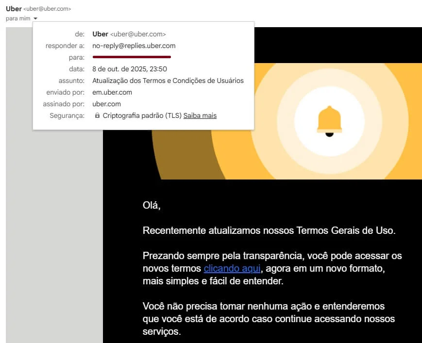 Captura de tela mostrando parte de um e-mail da Uber. Entre as informações da mensagem, vê-se que tentar respondê-la enviará um e-mail para no-reply@replies.uber.com.