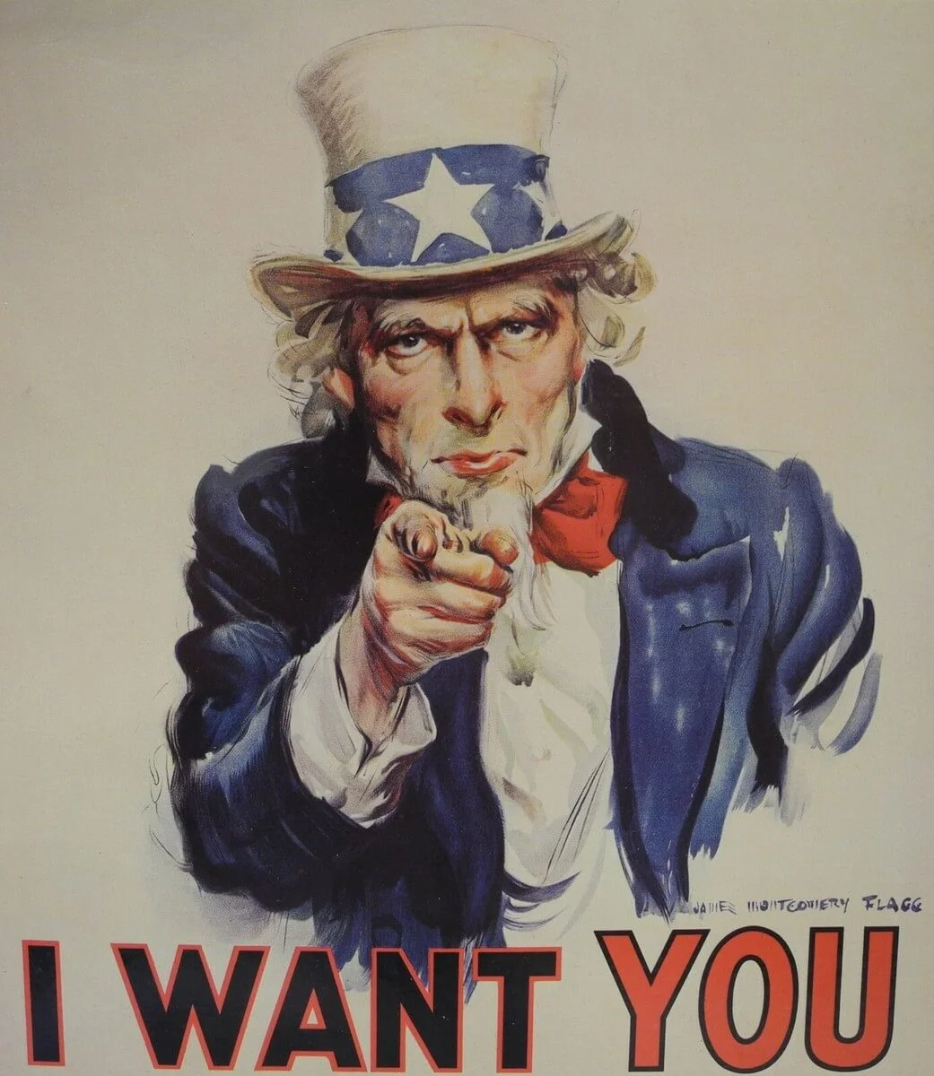 Ilustração clássica do Tio Sam, na qual ele aponta para o leitor. Abaixo dele, é possível ler “I want you”, ou “quero você” em inglês.