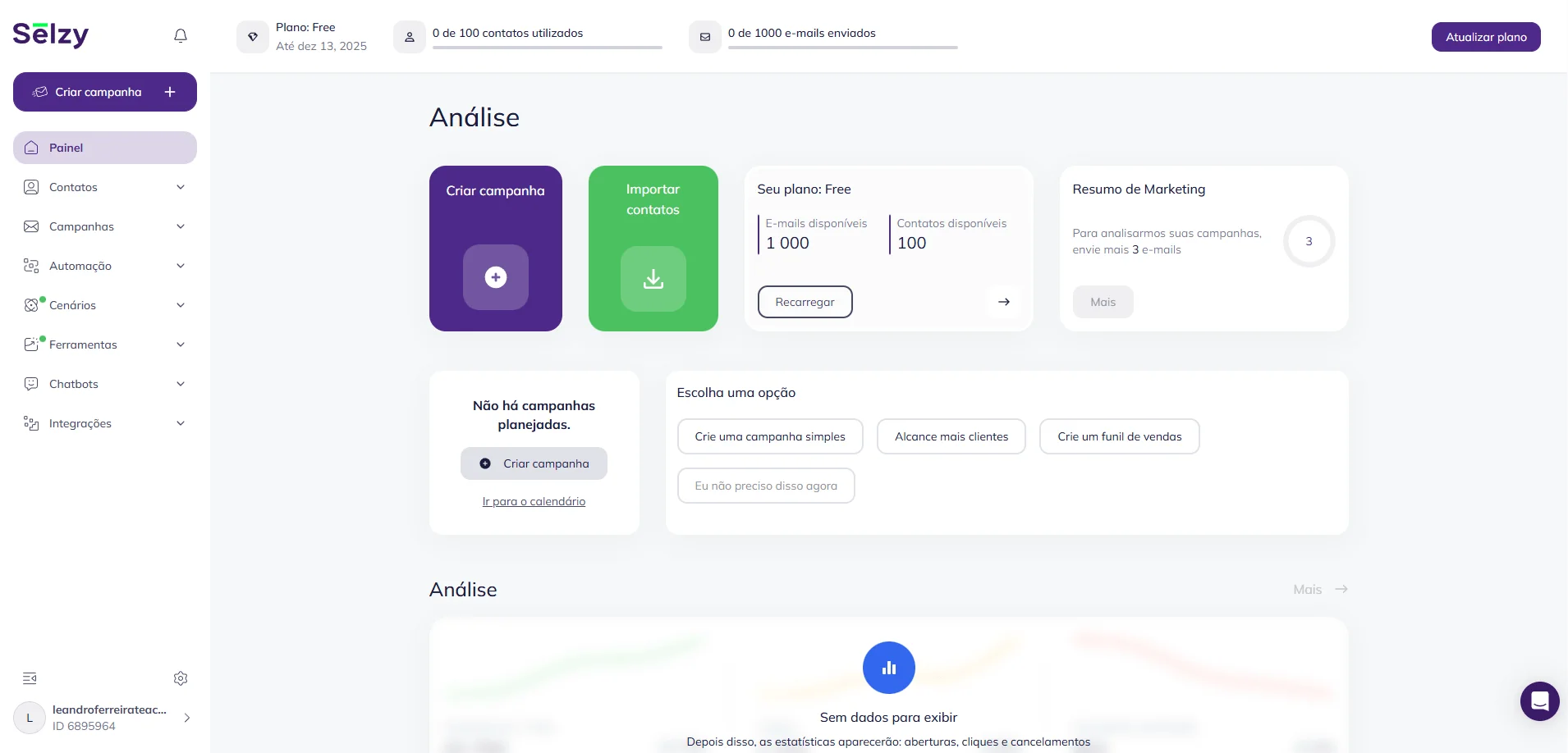 A foto mostra o painel de controle da plataforma da Selzy, onde o usuário pode criar campanhas, analisar dados e gerenciar contatos, entre outros.