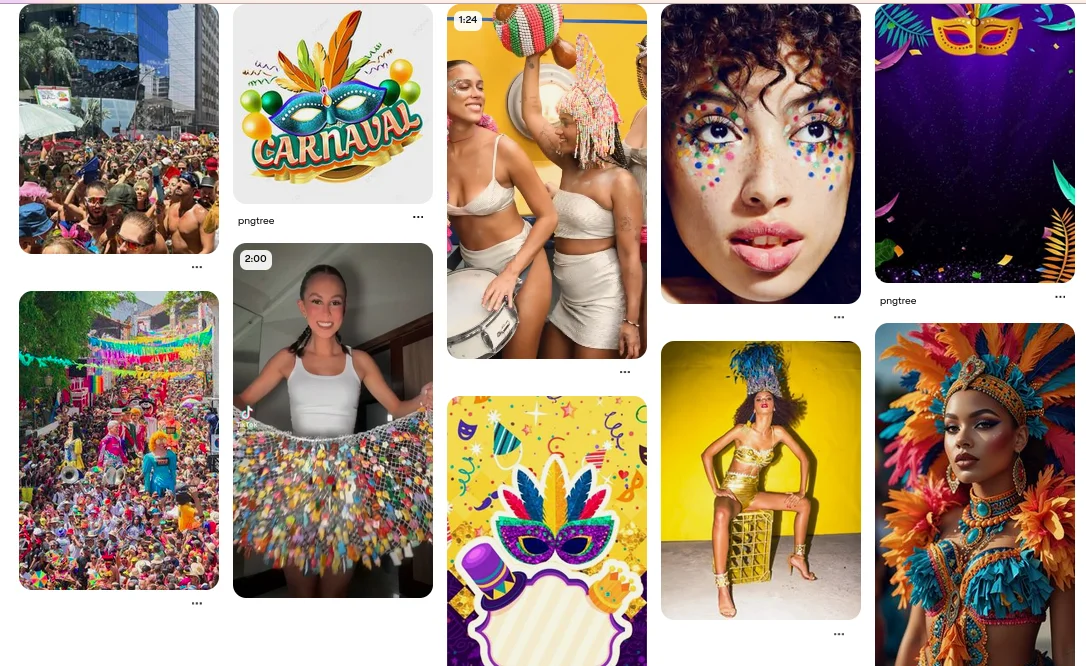Imagens de festas temáticas, fantasias coloridas, máscaras e maquiagens.