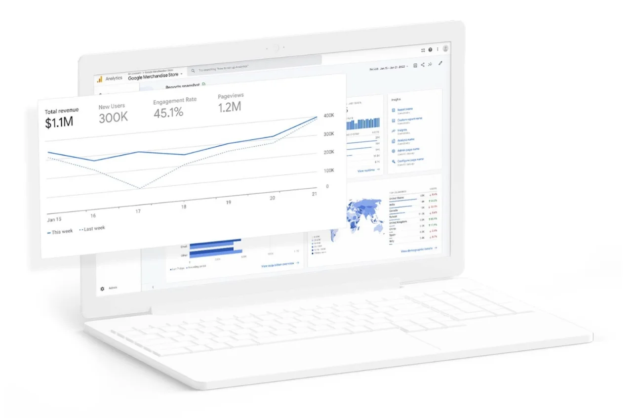 Captura de tela de uma das imagens promocionais do Google Analytics, mostrando um notebook branco em um fundo branco com gráficos e mapas na tela.