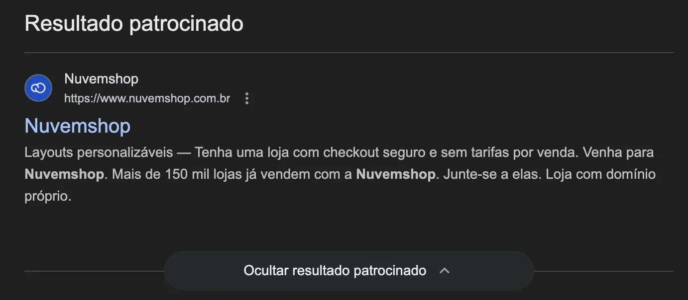 Captura de tela de uma busca no Google pelo termo “nuvemshop".