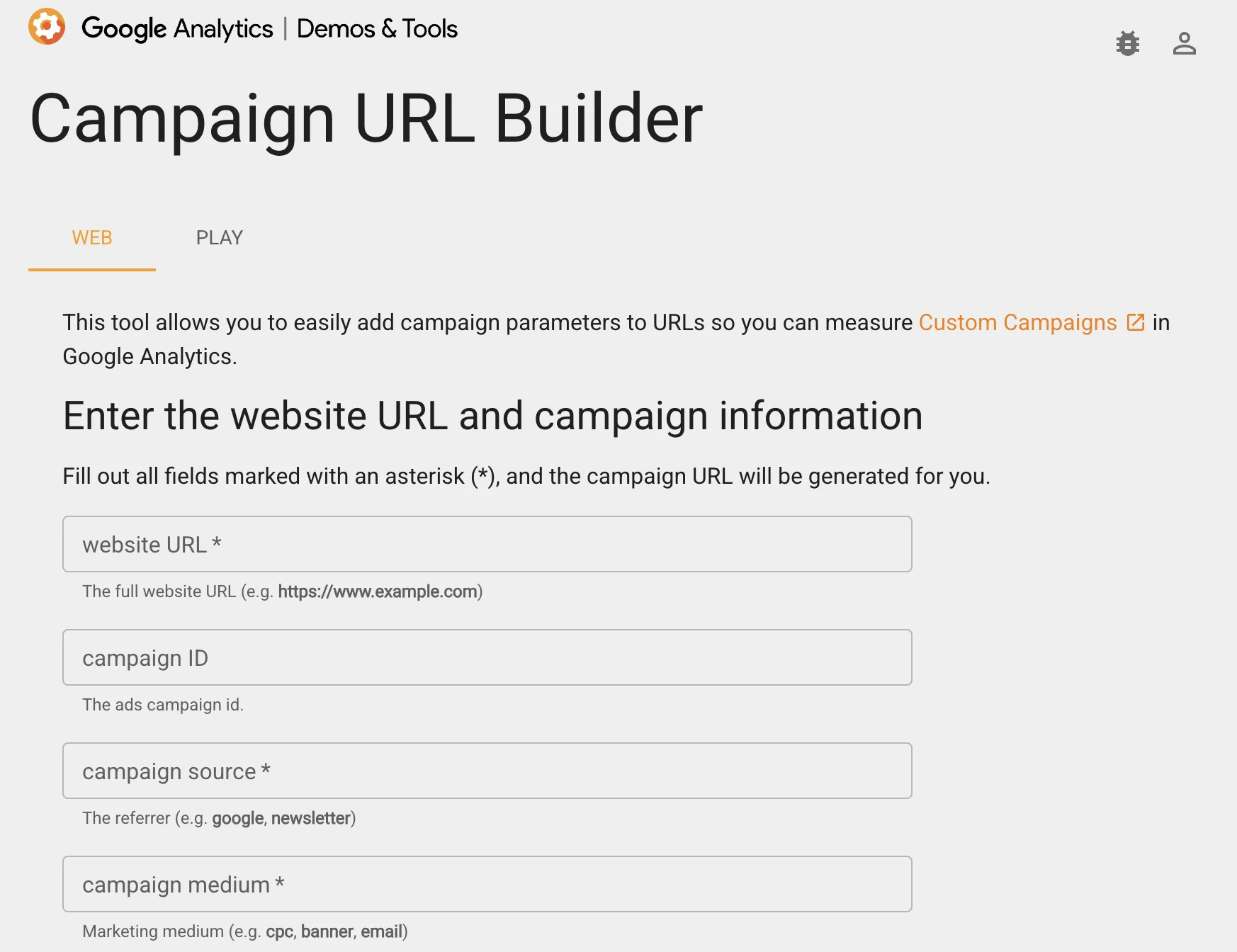 Formulário para gerar links com tags UTM do Campaign URL Builder, a ferramenta da Google.