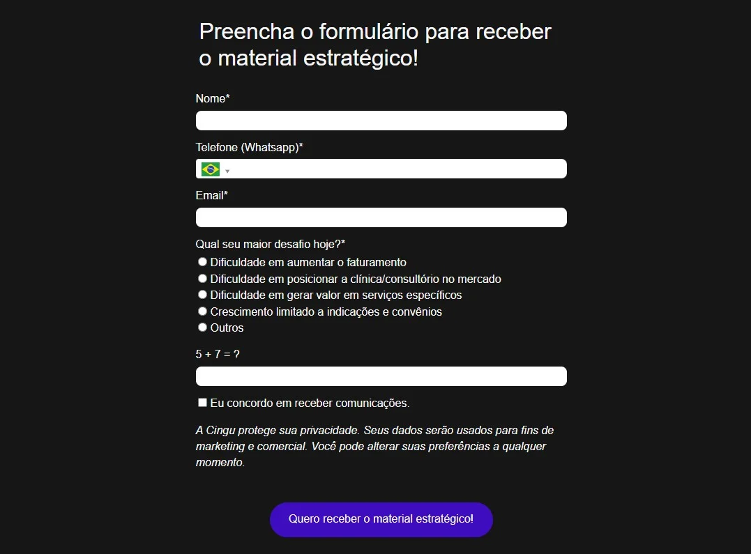 Screenshot de um trecho de uma landing com um formulário. Vemos diversos campos, incluindo nome, telefone, e-mail e até mesmo um questionamento sobre qual é o maior desafio do leitor hoje, com algumas opções de resposta.