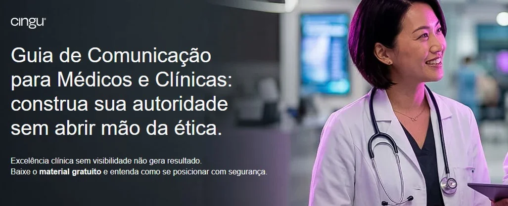 Screenshot do banner principal de uma landing page. À direita, vemos a foto de uma médica sorrindo e, à esquerda, temos o título: “Guia de Comunicação para Médicos e Clínicas: construa sua autoridade sem abrir mão da ética”.