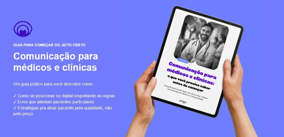 Screenshot de um trecho de uma landing page descrevendo o material disponibilizado para download. Sob o título “Comunicação para médicos e clínicas”, temos a descrição de alguns dos pontos abordados no guia.