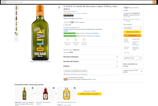 Screenshot de uma página de produto, dedicada ao azeite O-Live & Co. Além dos dados do produto e da possibilidade de incluí-lo no carrinho de compras, vemos também uma série de produtos relacionados indicados automaticamente pelo site.