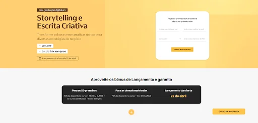 Screenshot de uma landing page para inscrição em um curso de storytelling e escrita criativa. Na página, vê-se um formulário que solicita informações do visitante, como nome, endereço de e-mail e número do WhatsApp. A contrapartida é receber um desconto no lançamento do curso.