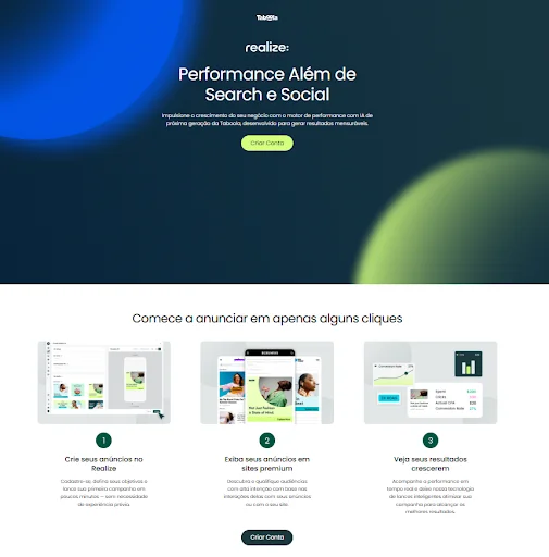 Screenshot de uma landing page que anuncia uma ferramenta de IA para criação de anúncios. Na página, é possível ver uma apresentação inicial da ferramenta, seguida por um botão que diz “criar conta”. Logo abaixo, há a apresentação de como a ferramenta funciona, seguida pelo mesmo botão.