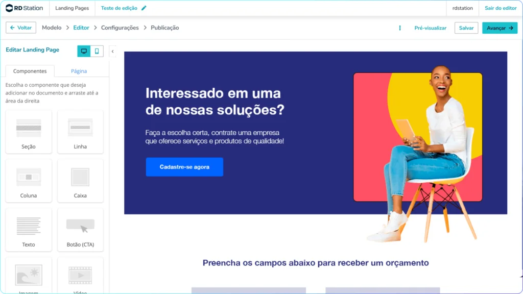 Interface de criação de landing page no RD Station Marketing