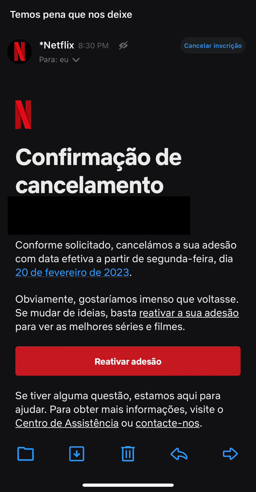 Email Netflix - Reativar adesão
